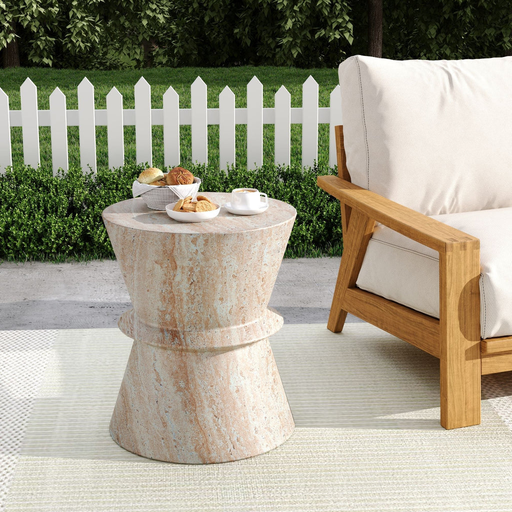 Outdoor / Indoor Lightweight Concrete Side Table with Travertine - Beige