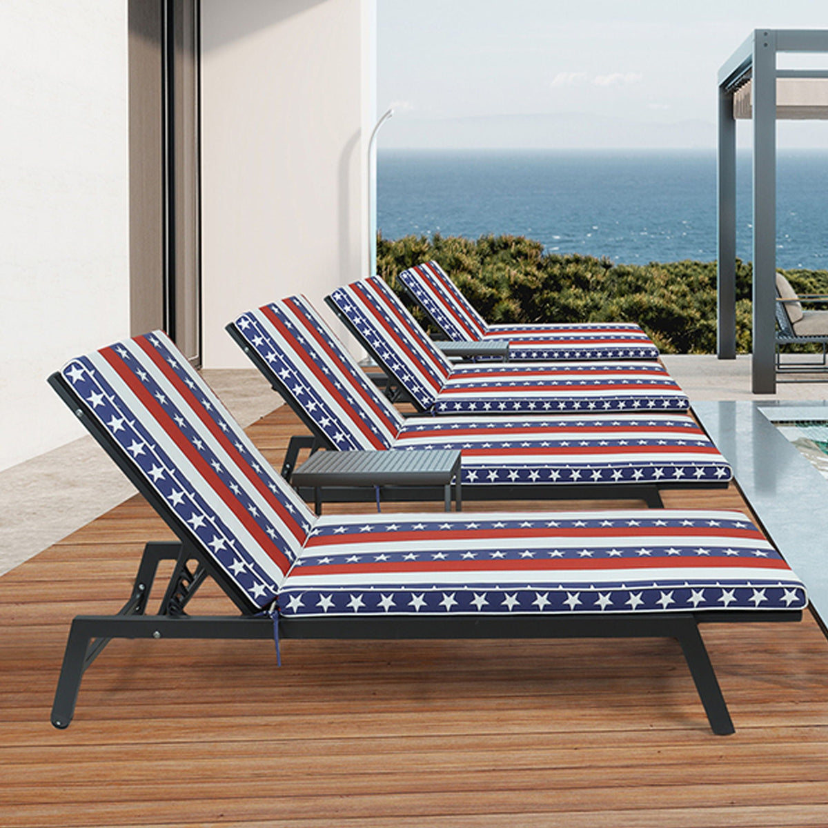 2 Piece Outdoor Chaise Lounge Cushion Set, Replacement Cushions For Patio Furniture, Flag - Red Striped