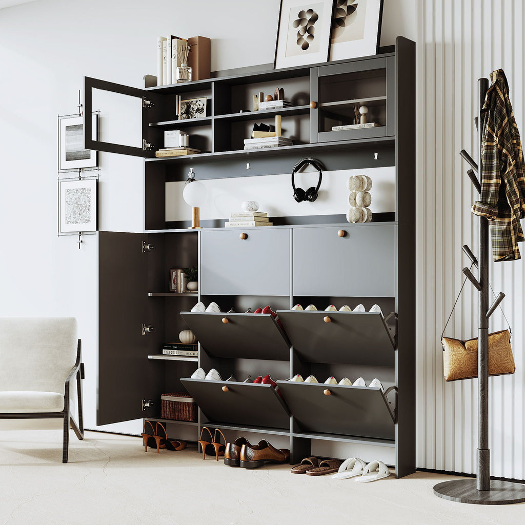 On Trend Multifunctional Tipping Bucket Shoe Cabinet With Storage Shelf & 6 Flip Drawers