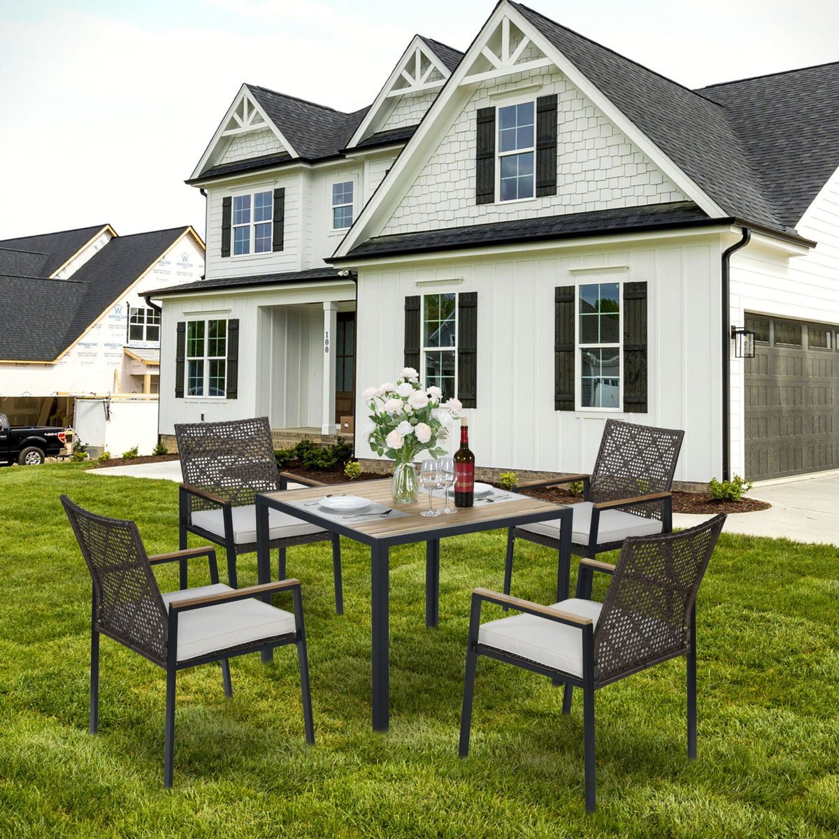 5 Piece Patio Dining Table Set, Acacia Wood Table Top With Umbrella Hole