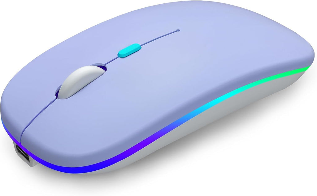 Wireless Bluetooth Mouse, Rechargeable, Dual Mode Bluetooth 5.2 & 2.4G USB, LED Lights, Slim, Silent, Portable Computer Mouse for Laptop, PC, Macbook, Ipad, Tablet (Purple)