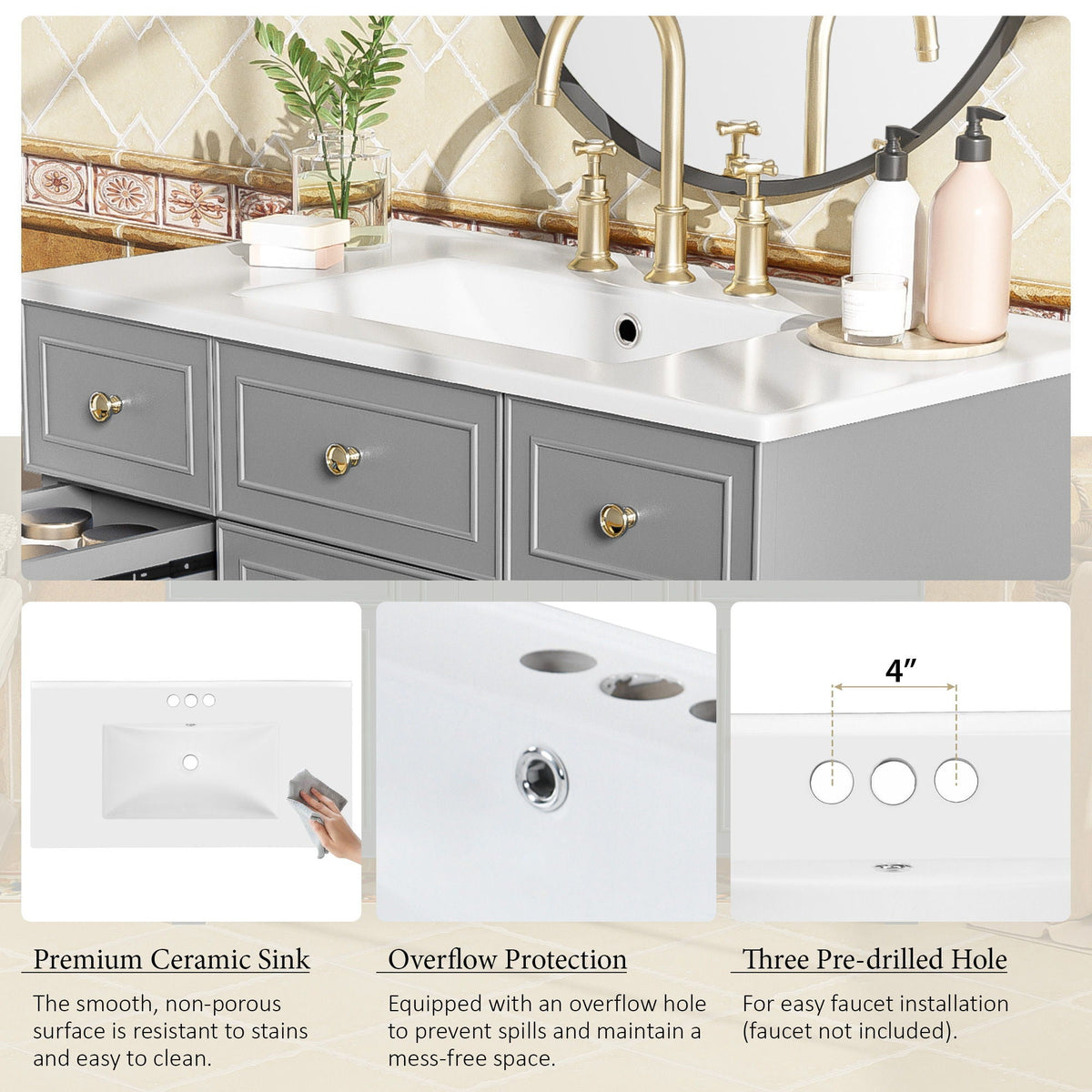 Bathroom Vanity With Ceramic Sink, Soft Close Doors, Adjustable Shelves