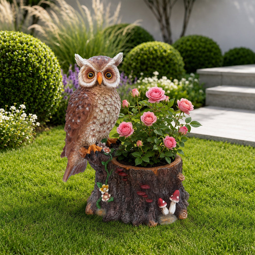 Sitting Owl with Tree Trunk Garden Planter