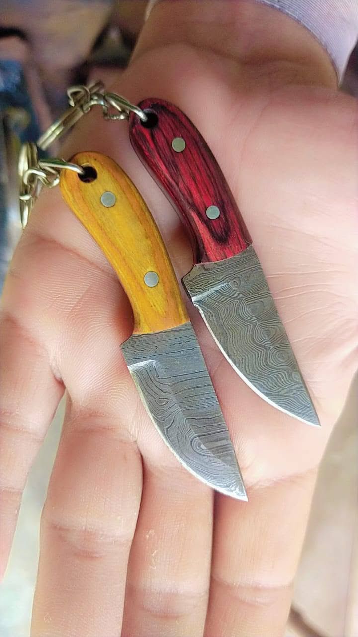 Custom Handmade Damascus Steel EDC Knife Keychain with Exotic Wood Handle