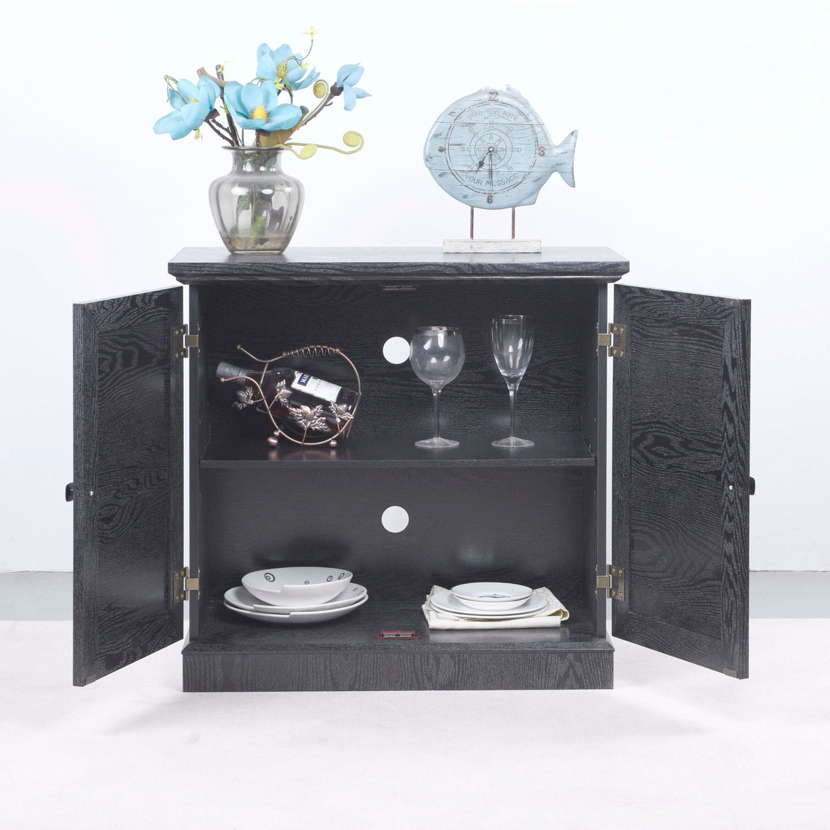 Sideboard Cabinet With Mirrored Doors, Adjustable Shelf, Metal Handles