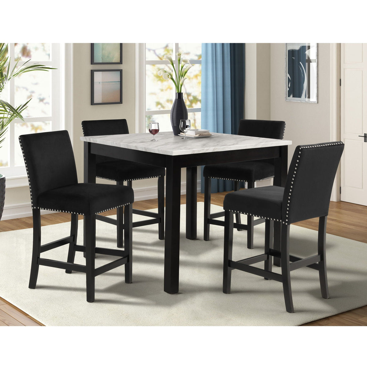 Modern 5 Piece Counter Height Dining Set With Tufted Nail Head Chairs