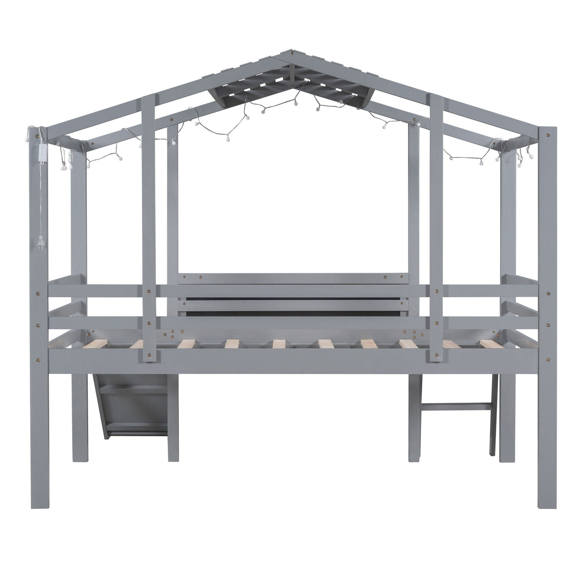 Loft House Bed With Ladder And Slide, With board And Light Strip On The Roof