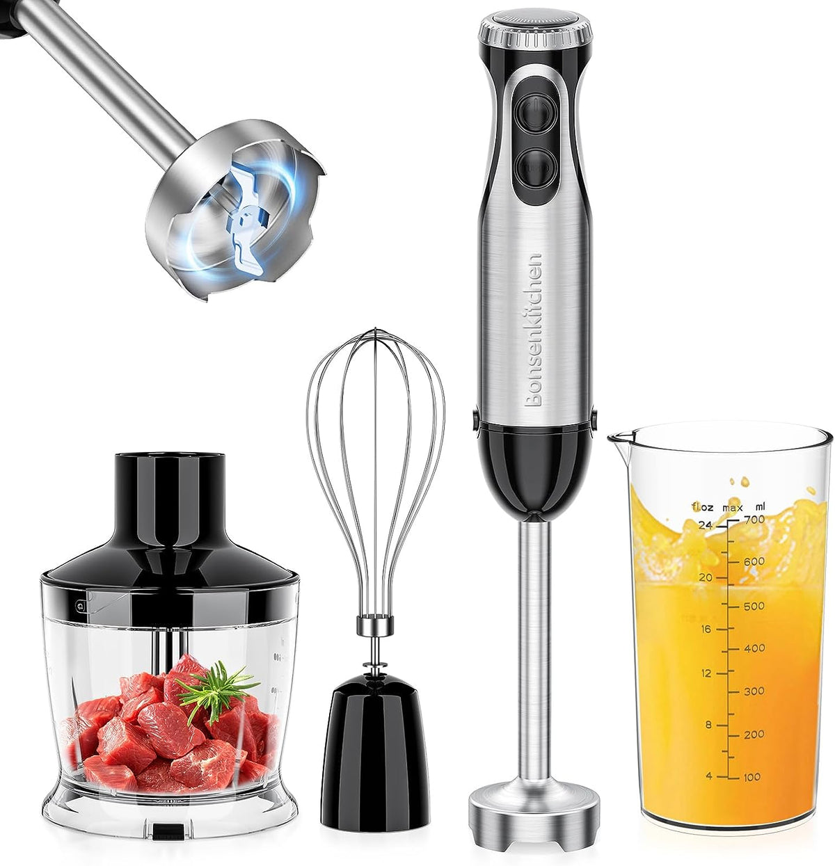Powerful 4-in-1 Immersion Blender with 20 Speeds, Turbo Function, and Stainless Steel Attachments for Effortless Mixing, Chopping, and Whisking