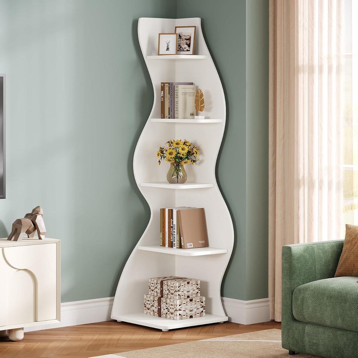 5 Tier Wavy Corner Bookshelf And Plant Stand For Living Room