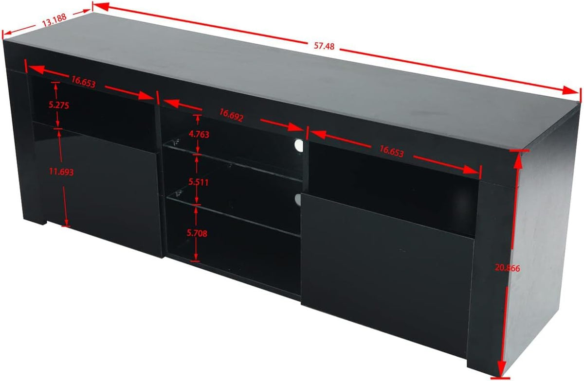 Modern TV Stand,57" TV Console Matte Body High Gloss Fronts with 16 Color Leds,Media Console Entertainment Center for 65 Inch Tv,Wood TV Stand with Storage,2 Doors & 2 Open Cabinets (Black)