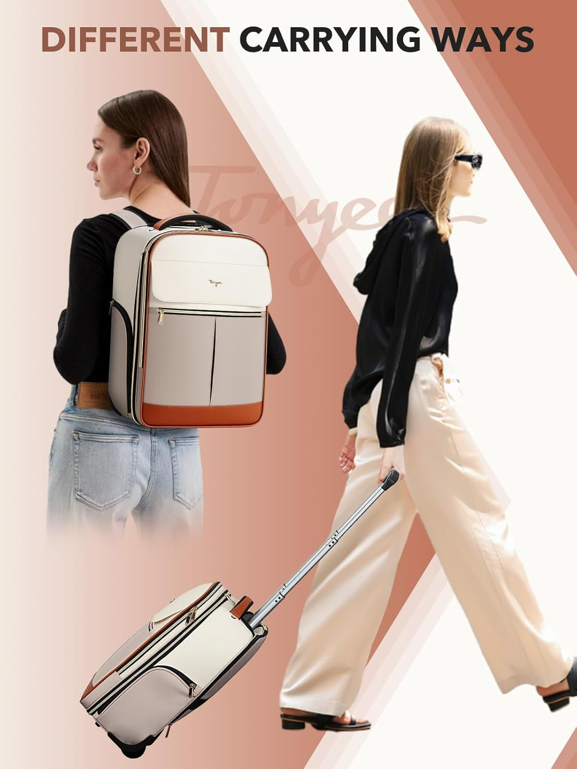 Rolling Backpack for Women, Large Travel Backpack with Wheels Carry on Flight Approved, 15.6 Inch Laptop Wheeled Roller Bag Suitcase for Work Bussiness Weekender (Khaki, M Underseat Size)