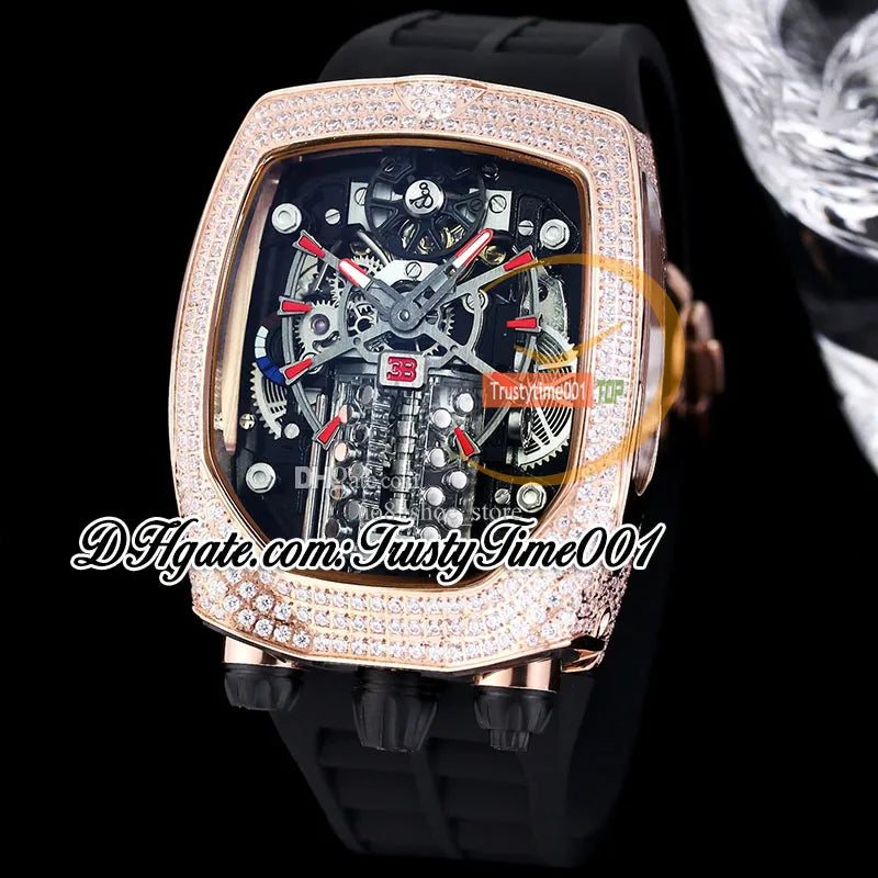 Bugatti Chiron Tourbillon Autoamtic Mens Watch 16 Cylinder Engine Skeleton Dial Iced Out Diamonds Inlay Case Blue Rubber Strap Trustytime001Watches BU200.30