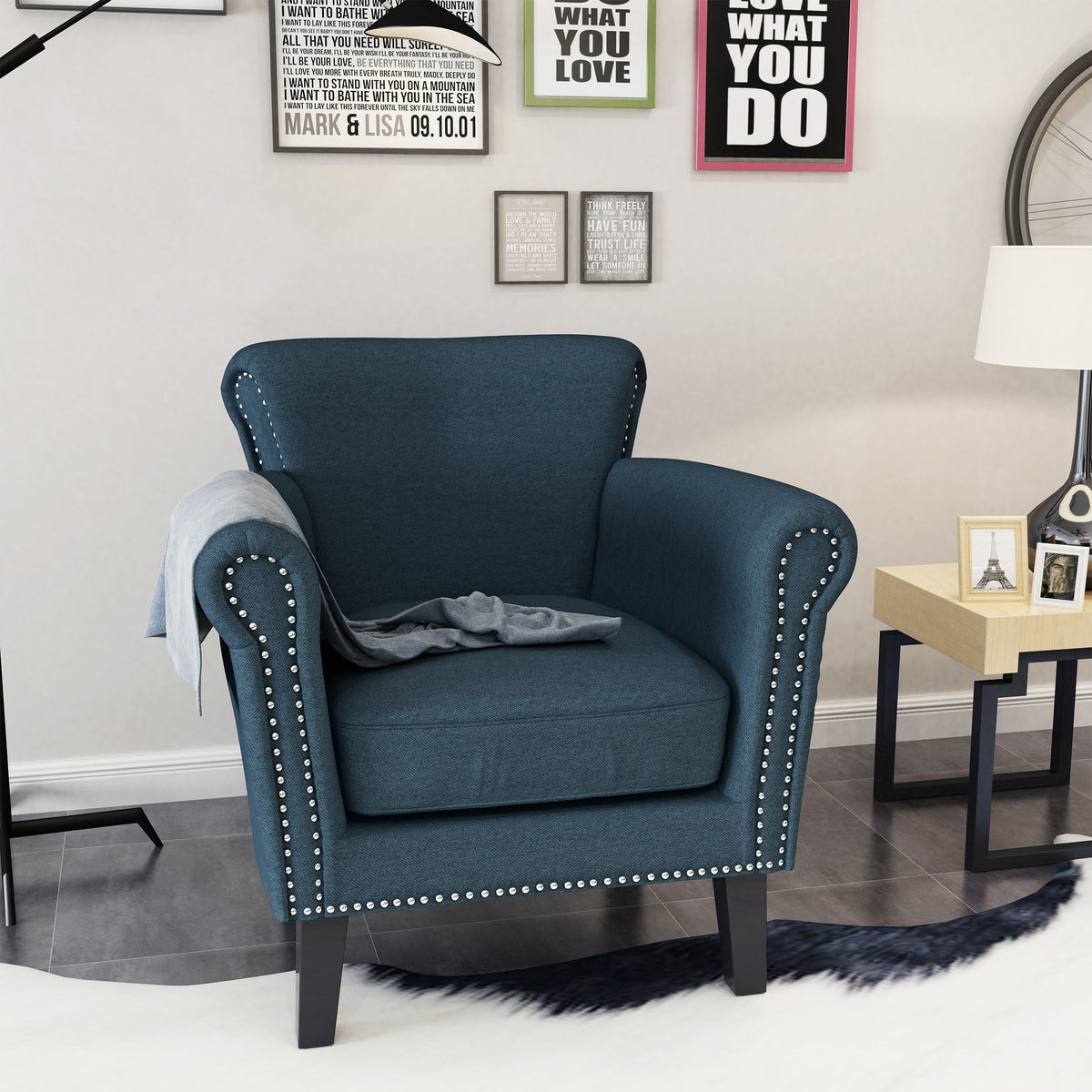 Elegant Navy Blue Fabric Club Chair with Nailhead Trim and Birch Wood Legs