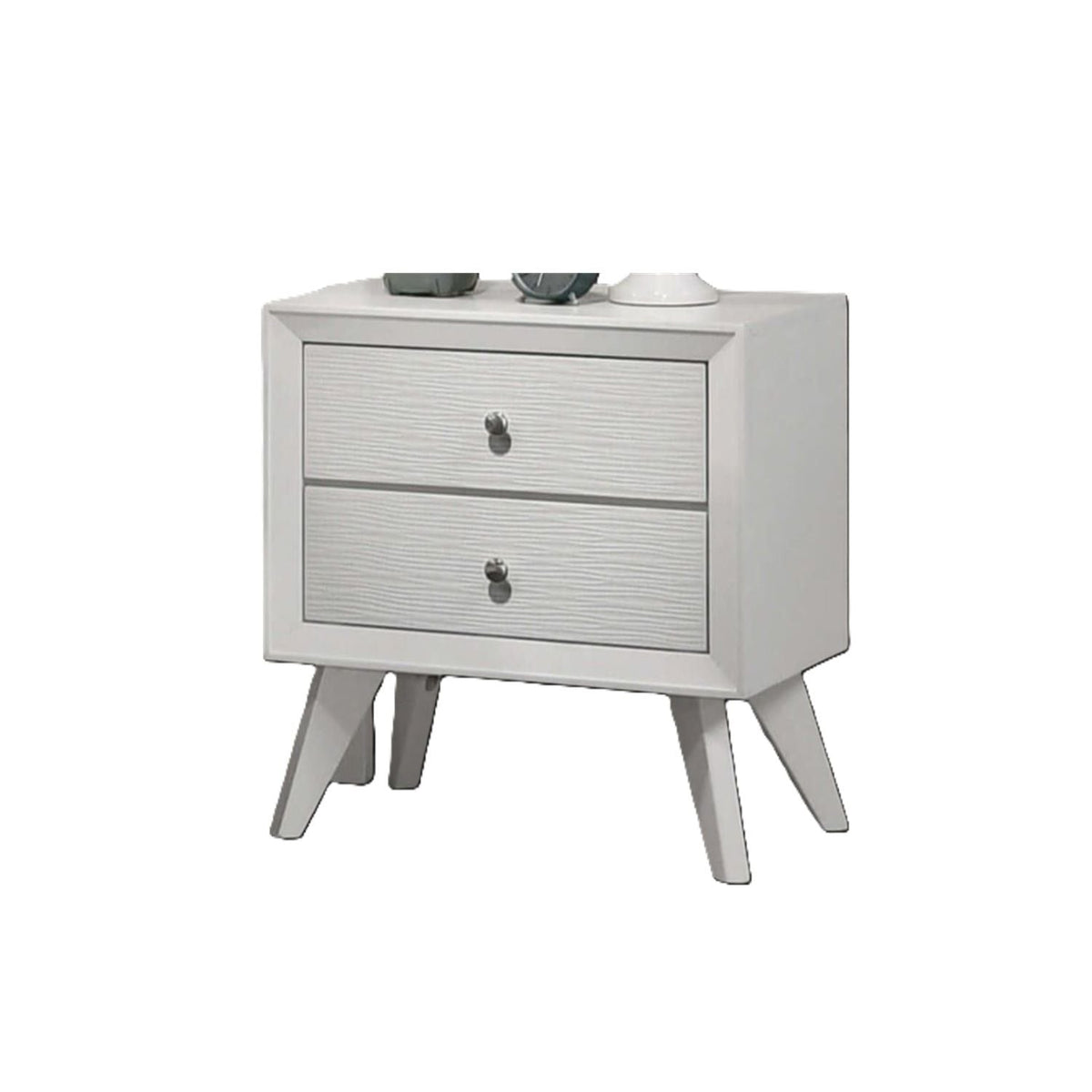Nightstand With Angled Legs, Round Knobs, Wave Texture, 2 Drawer Bedside Table - White