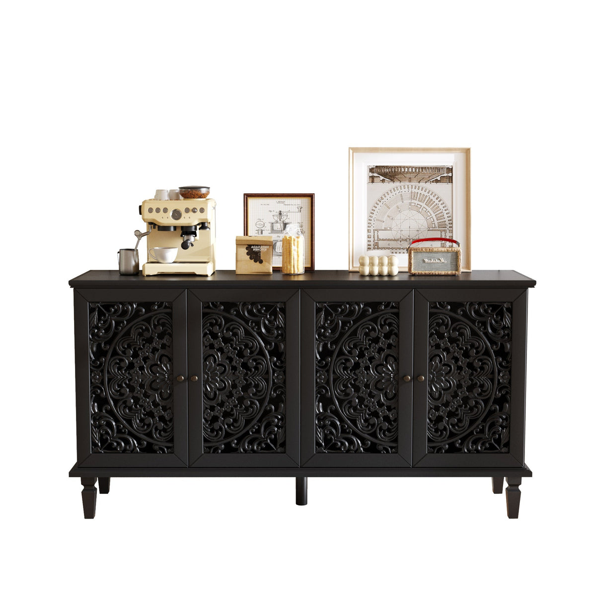 60" Antique Buffet Cabinet with Floral Carvings