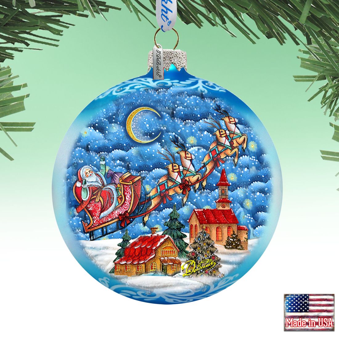 Sleighing in the Night Skies Glass Ornament Limited Edition by G. DeBrekht - Christmas Santa Snowman Decor - 73904