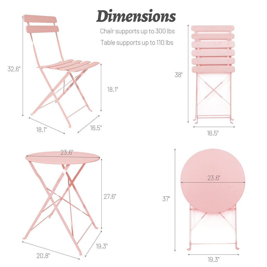 3 Pieces Patio Bistro Balcony Metal Chair Table Set - Pink