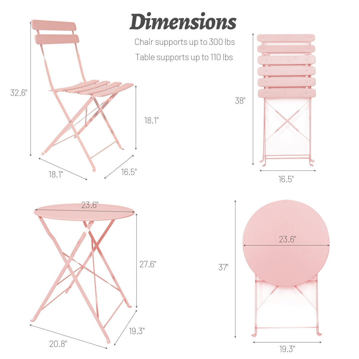 3 Pieces Patio Bistro Balcony Metal Chair Table Set - Pink