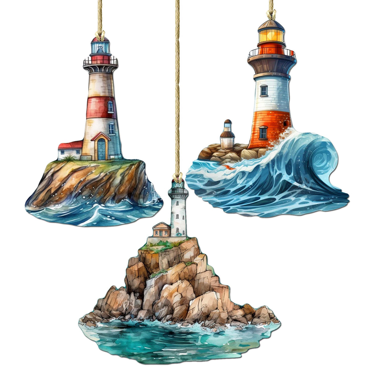 Lighthouse Decorative Eco Wood Ornaments Set of 3 by G. Debrekht - Coastal Decor - 8091022-S3