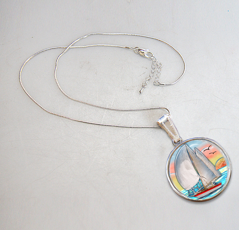Sailboat Silver Plated Mother of Pearl Jewelry Pendant Necklace Coastal - 44043