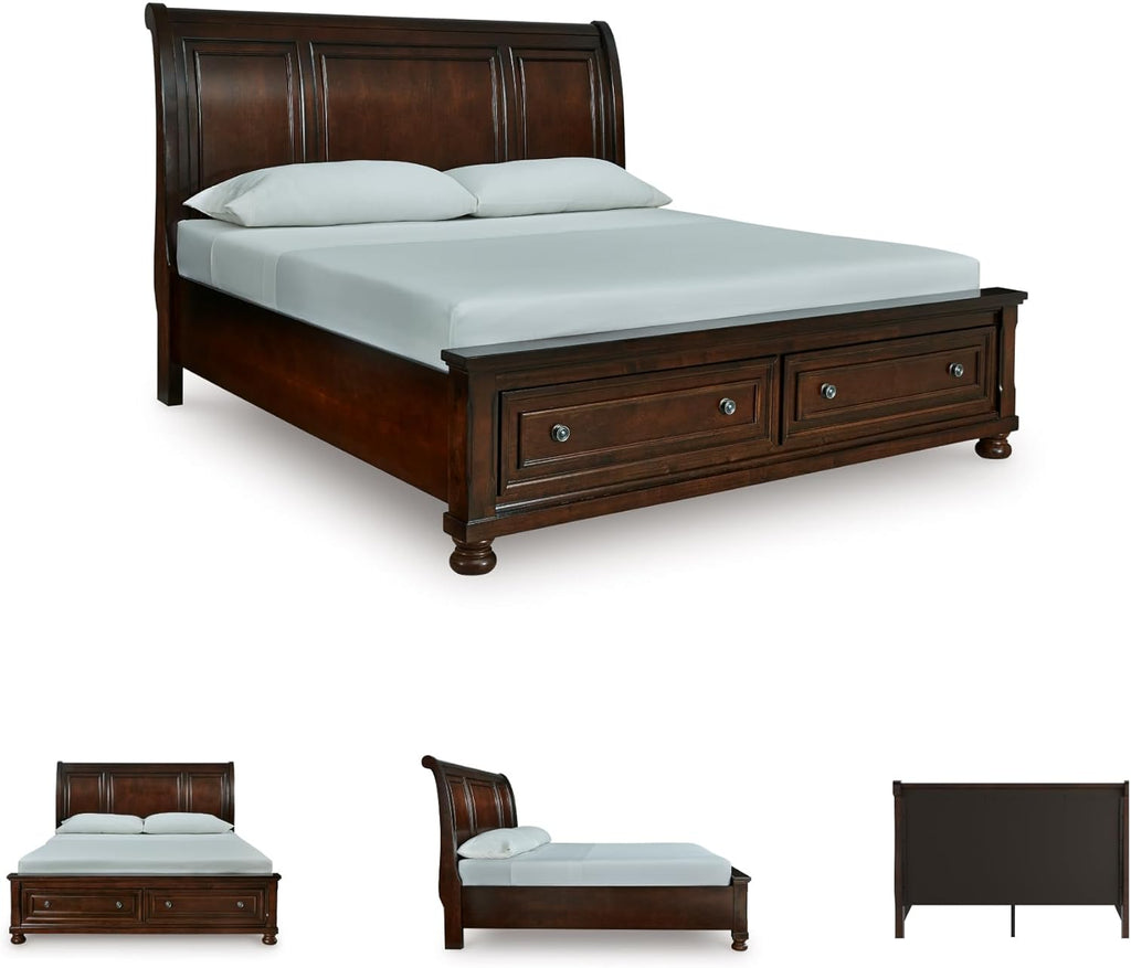 Signature Design by Ashley Porter Traditional 2-Drawer King Sleigh Storage Bed with Bun Feet, Foundation or Box Spring Not Needed, Dark Brown