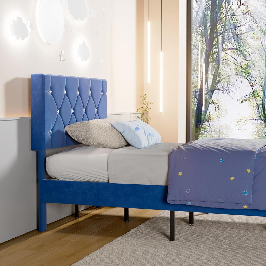 Twin Size Bed Frame, Upholstered Platform with Adjustable Diamond Tufted Headboard, Wood Slat Support, No Box Spring Needed, Navy Blue