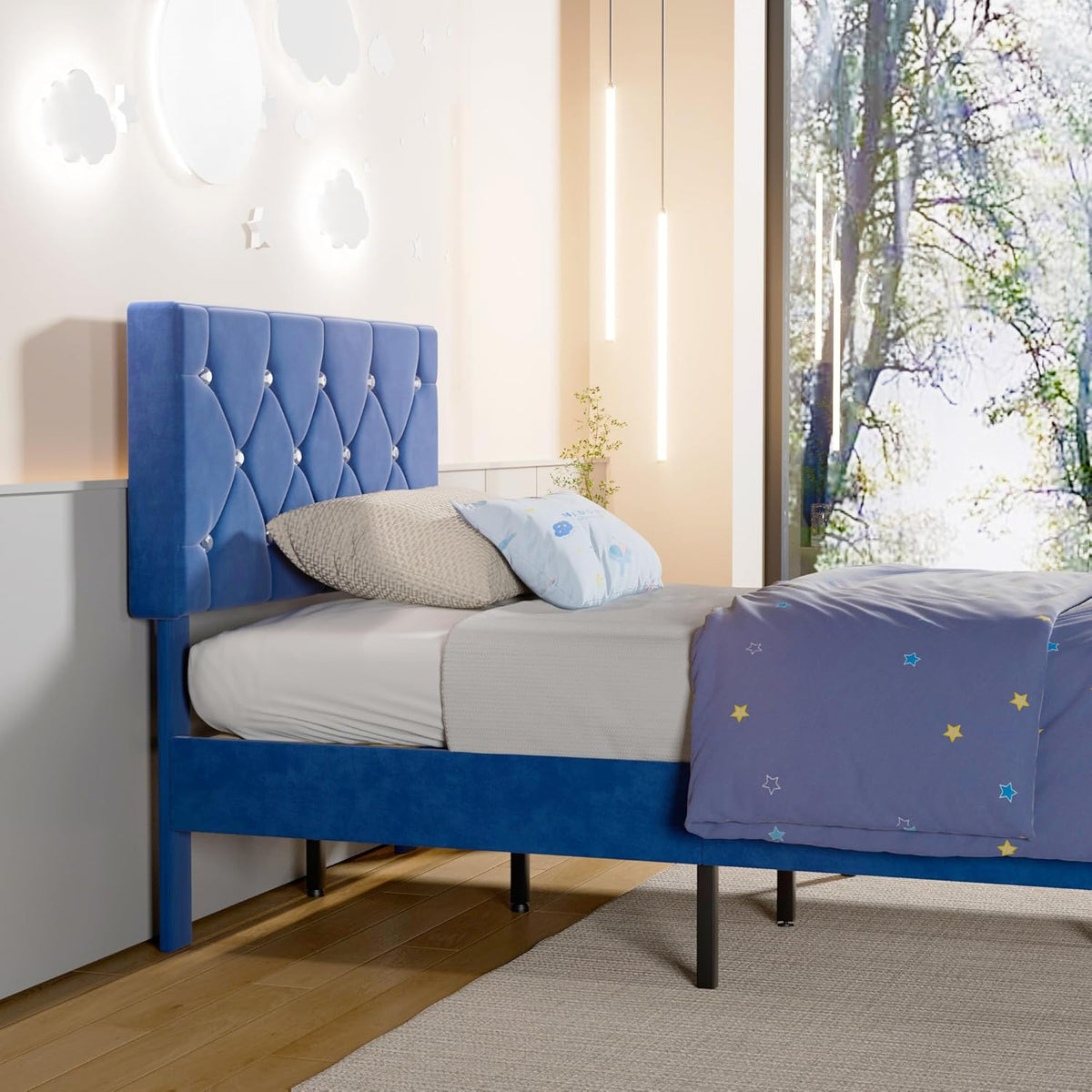 Twin Size Bed Frame, Upholstered Platform with Adjustable Diamond Tufted Headboard, Wood Slat Support, No Box Spring Needed, Navy Blue
