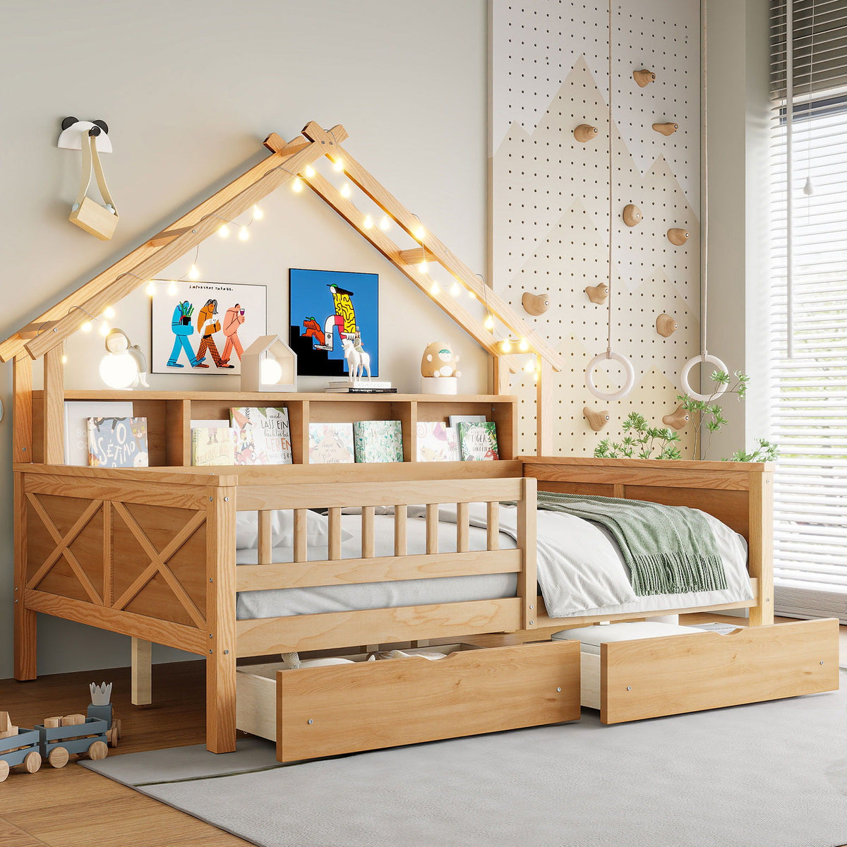 House Style Platform Bed With LED Lights, Storage Shelves, Drawers, And Guardrail