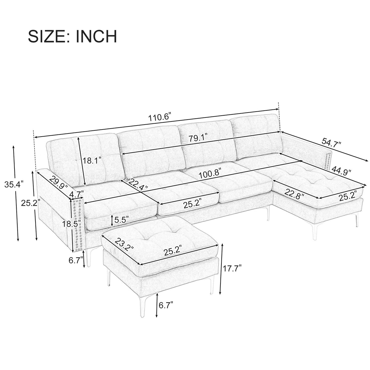 Modern L - Shape Convertible Sectional Sofa With Movable Ottoman
