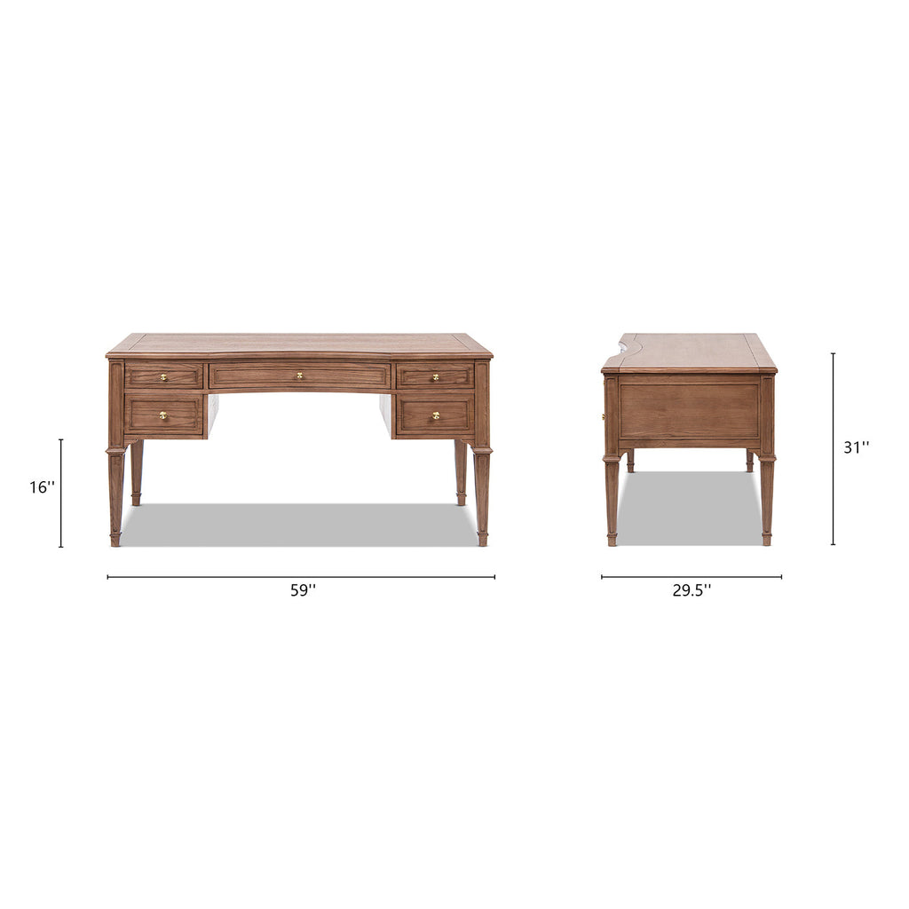 Dauphin Gold Accent 5-Drawer Wood Executive Desk Brown Ash Wood & Veneer