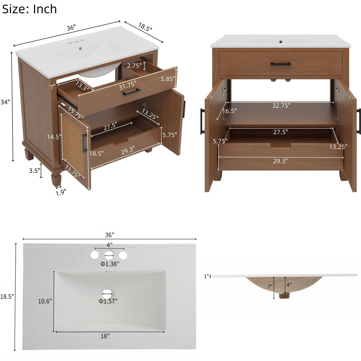 Bathroom Vanity With Ceramic Sink, Modern Free Standing Cabinet With Soft Close Drawers