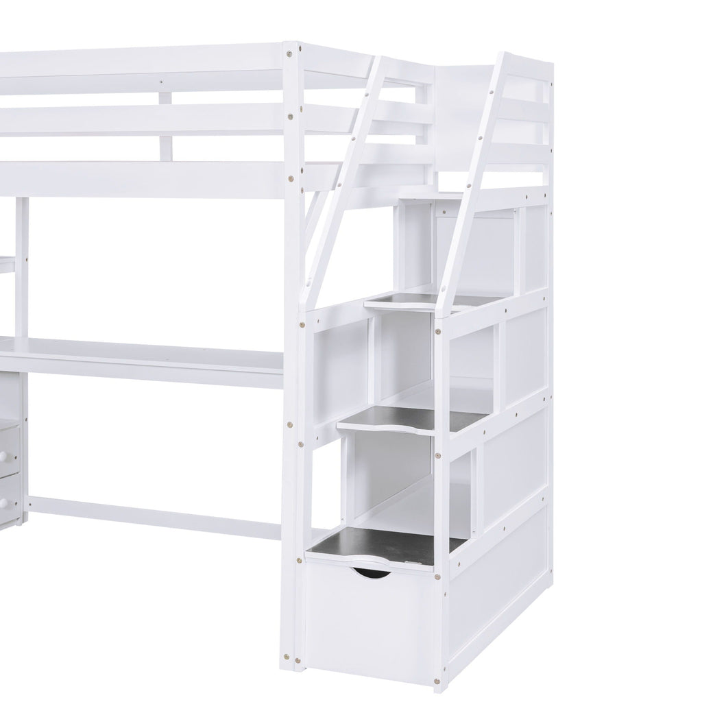 Loft Bed With Desk, Shelves, 2 Drawers, Storage Staircase