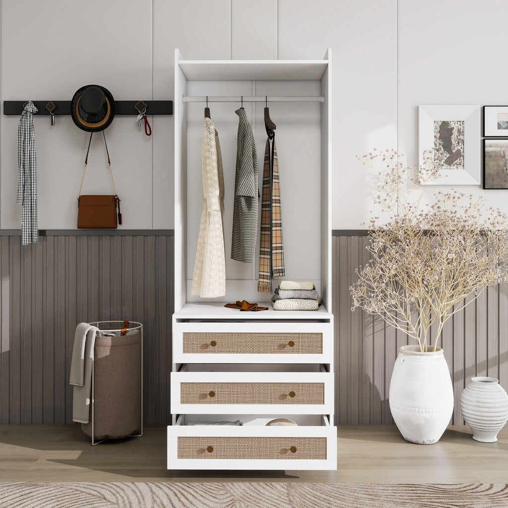 Wardrobe With 3 Drawers High Wardrobe Armoire With Rattan For Living Room Organizer - White