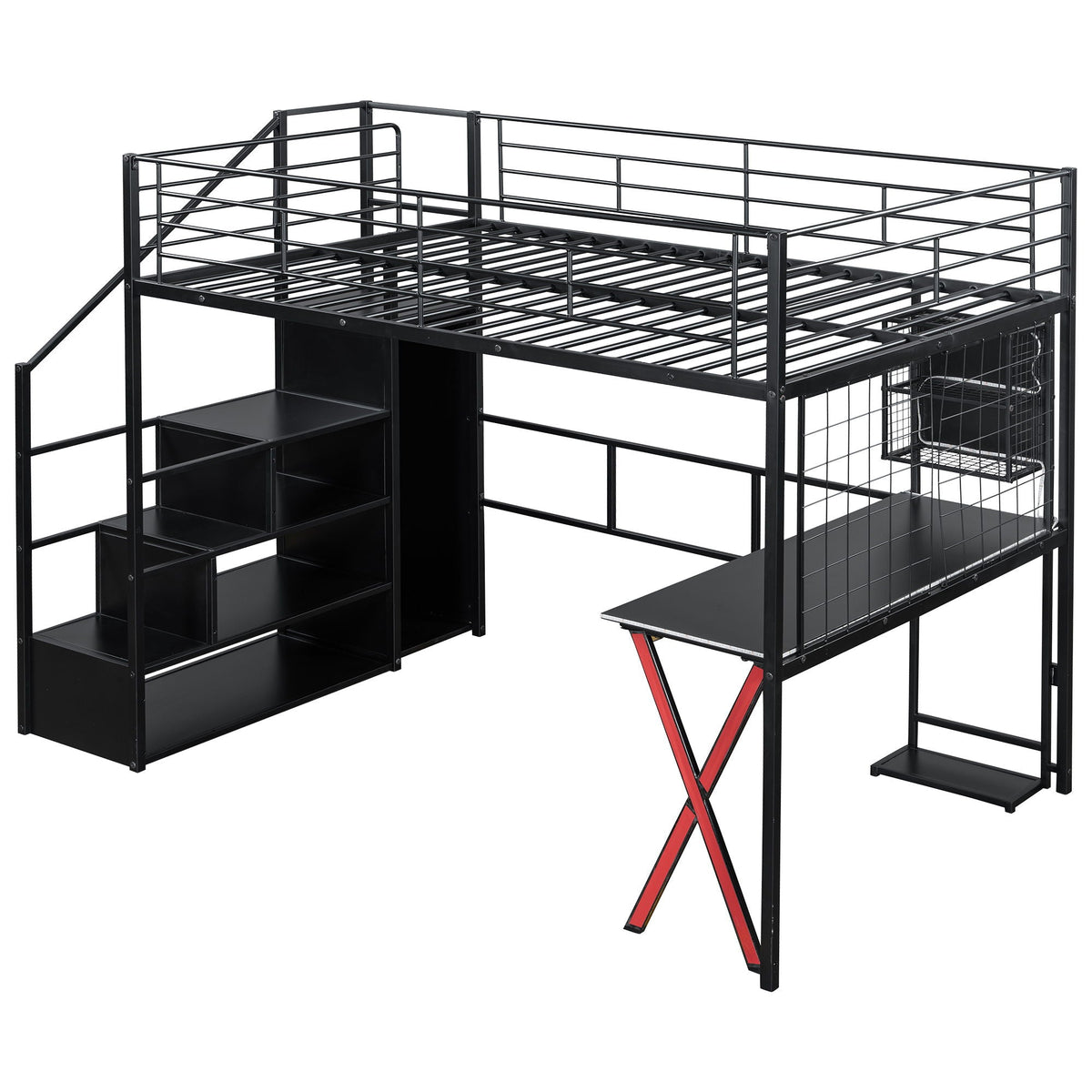Loft Bed With Built In Work Station, Wardrobe, Storage Staircase And LED
