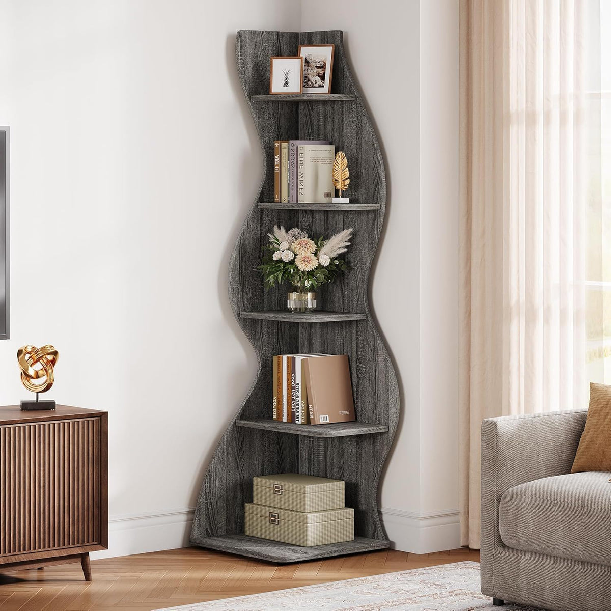 5 Tier Wavy Corner Bookshelf And Plant Stand For Living Room