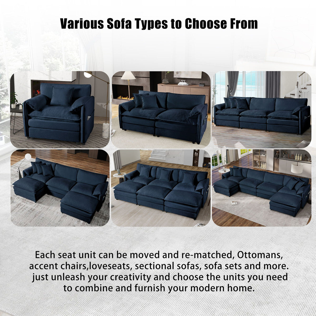 Modern Comfy Deep Seat Modular Sectional Sofa Cloud Couch With Ottoman