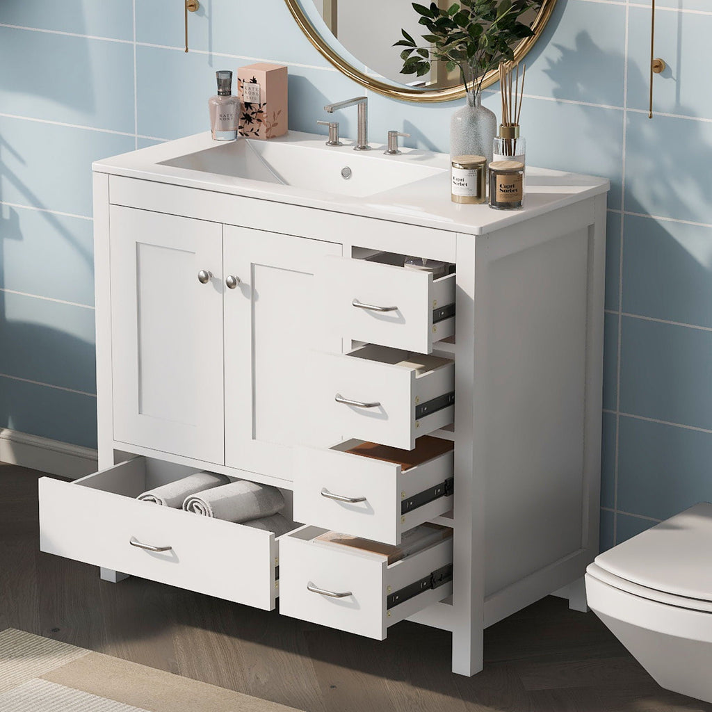 Bathroom Vanity With Ceramic Sink Combo, Abundant Storage Cabinet 2 Soft Close Doors And 5 Drawers