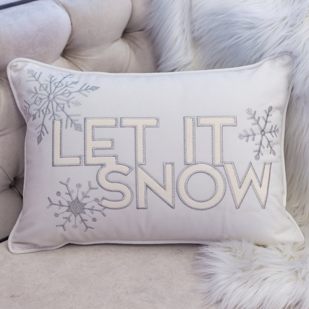 Nneka Let It Snow Ivory Velvet Lumbar Pillow with Insert 14x20