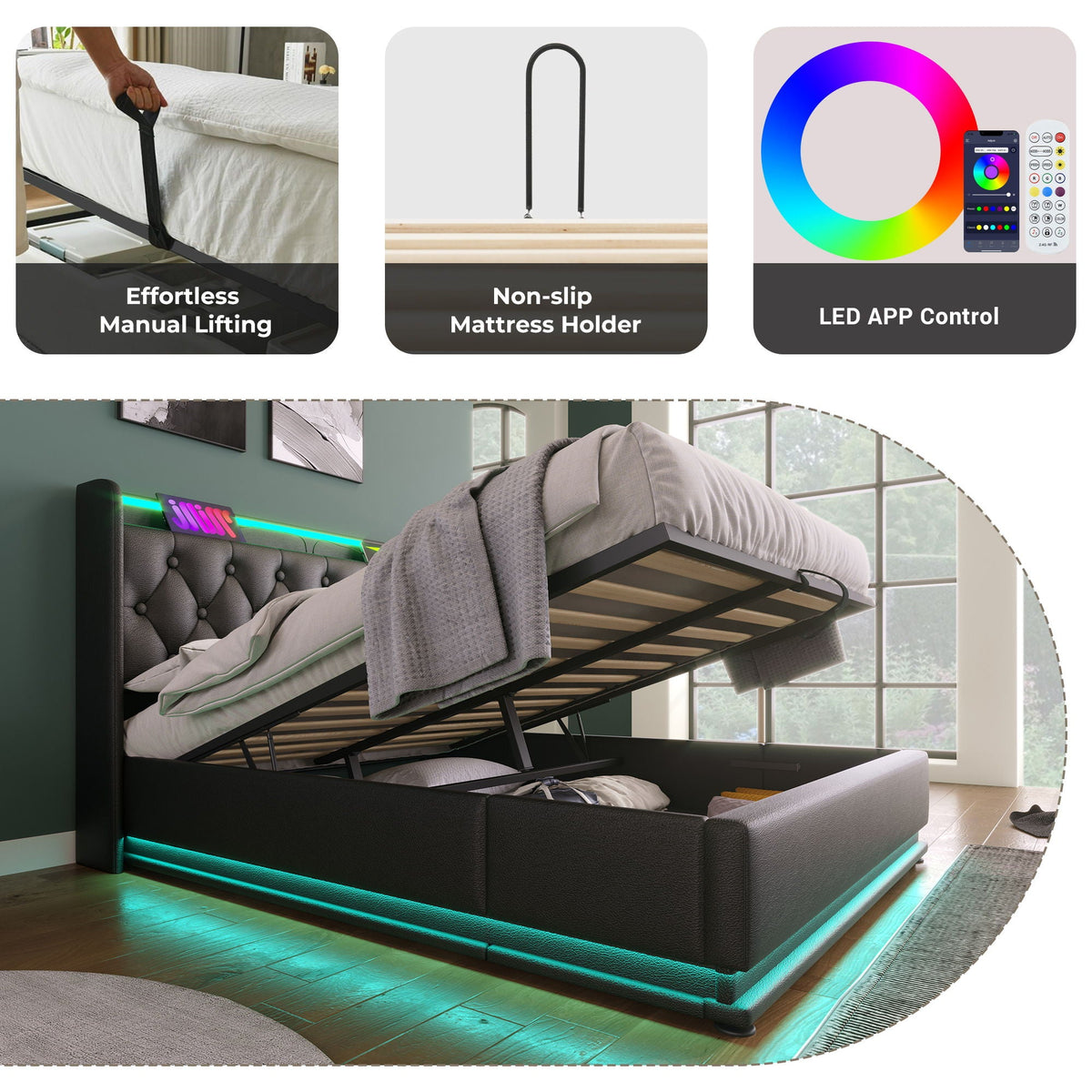 Upholstered Bed, 360 Surround LED Function, Remote Control, Hydraulic Storage Bed With USB, Type-C Charging (Without Mattress)