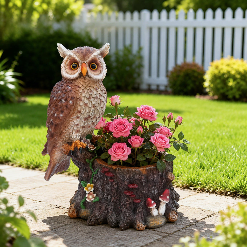 Sitting Owl with Tree Trunk Garden Planter
