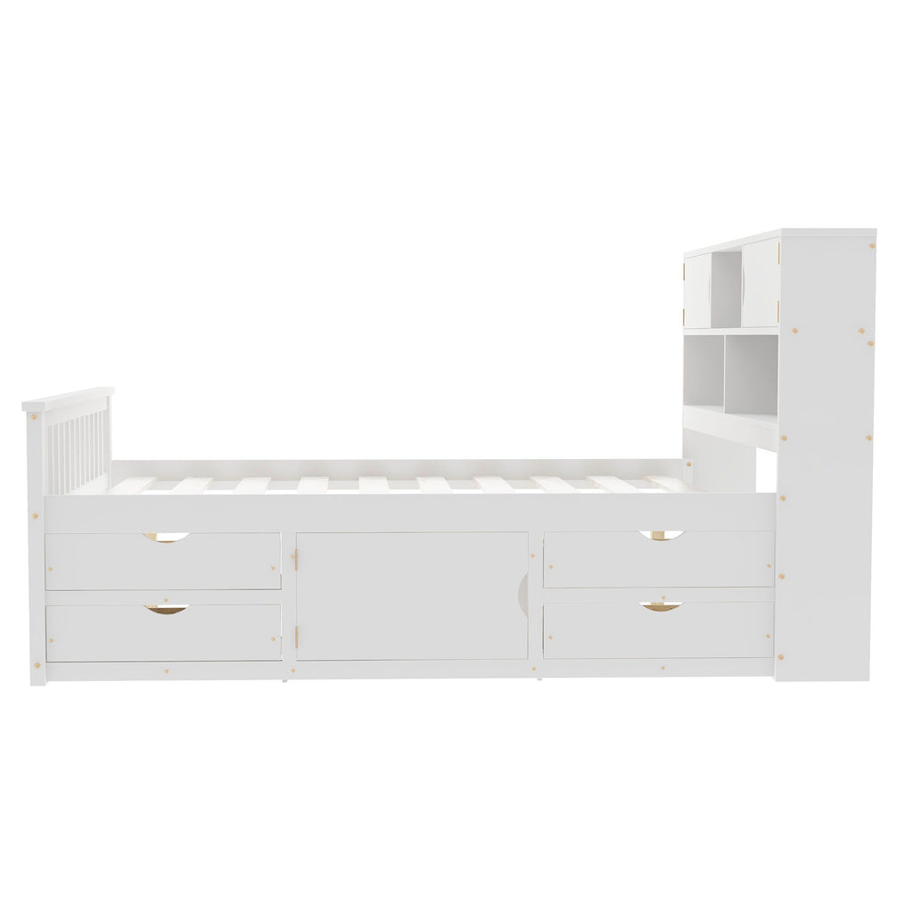 Captain Platform Bed Frame With Bookcase Headboard, 4 Drawers, Storage Shelves