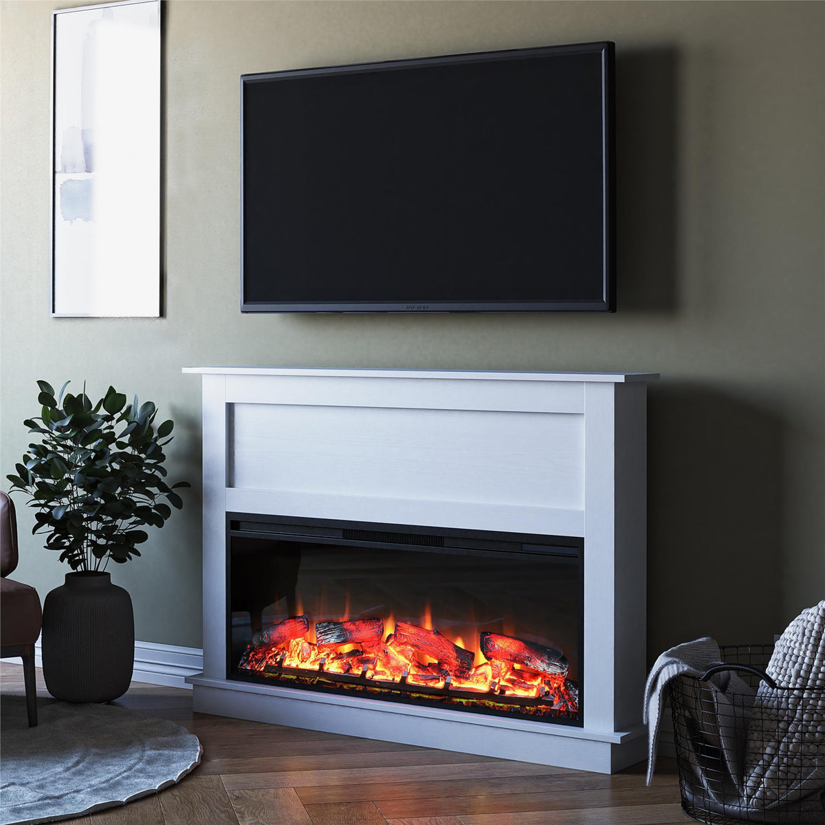 Ellsworth Wide Electric Fireplace Insert With Mantel And Remote Control - White