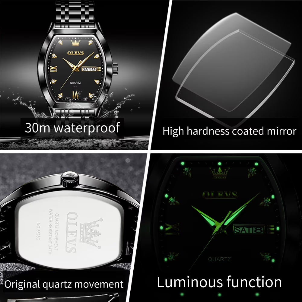 Mens Watches Square Business Dress Diamond Analog Quartz Date Luxury Watches for Men Dress Casual Stainless Steel Waterproof Luminous Mens Wrist Watches Gifts Reloj Para Hombre Gold/Black Dial