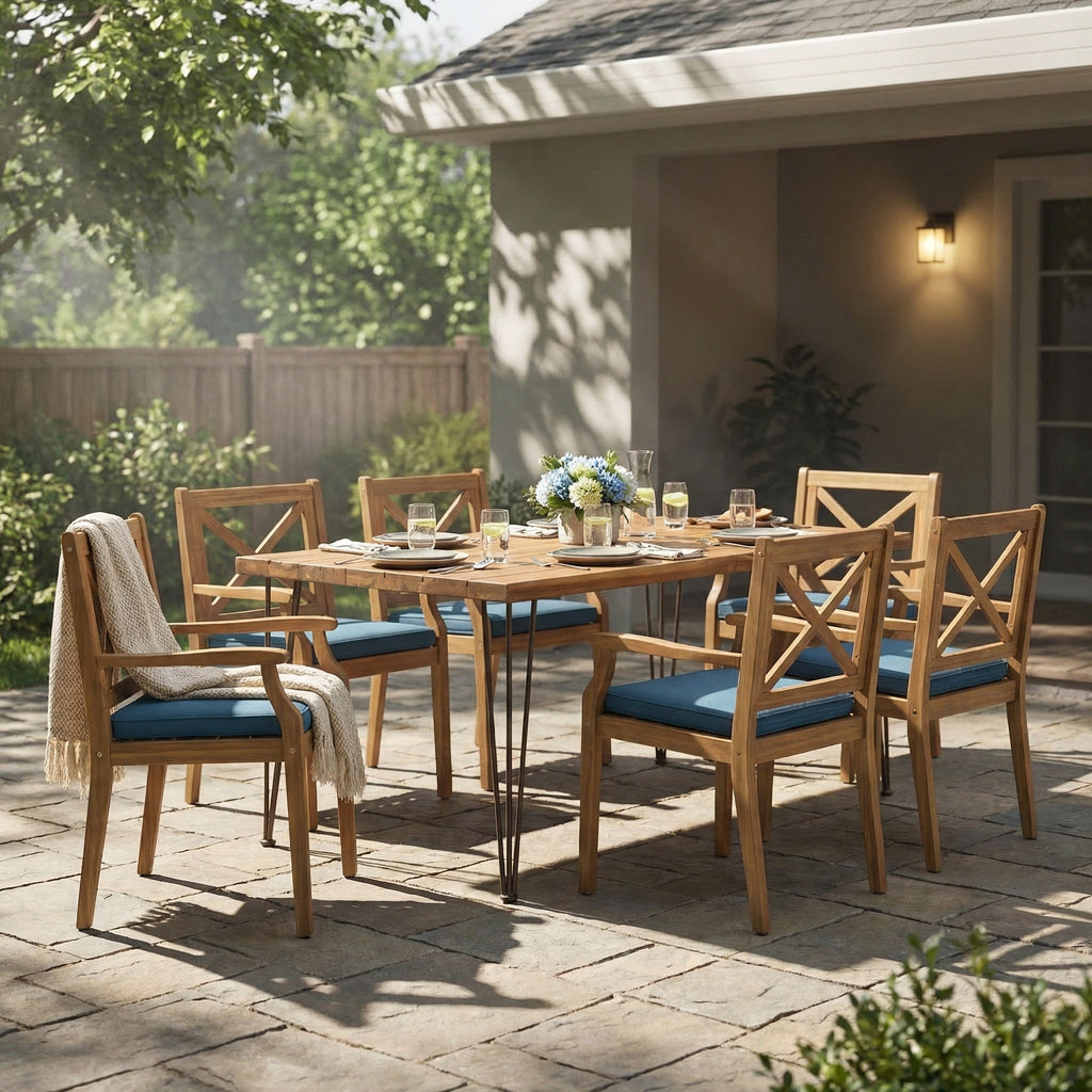 7-Piece Acacia Wood Outdoor Dining Set with Blue Cushions
