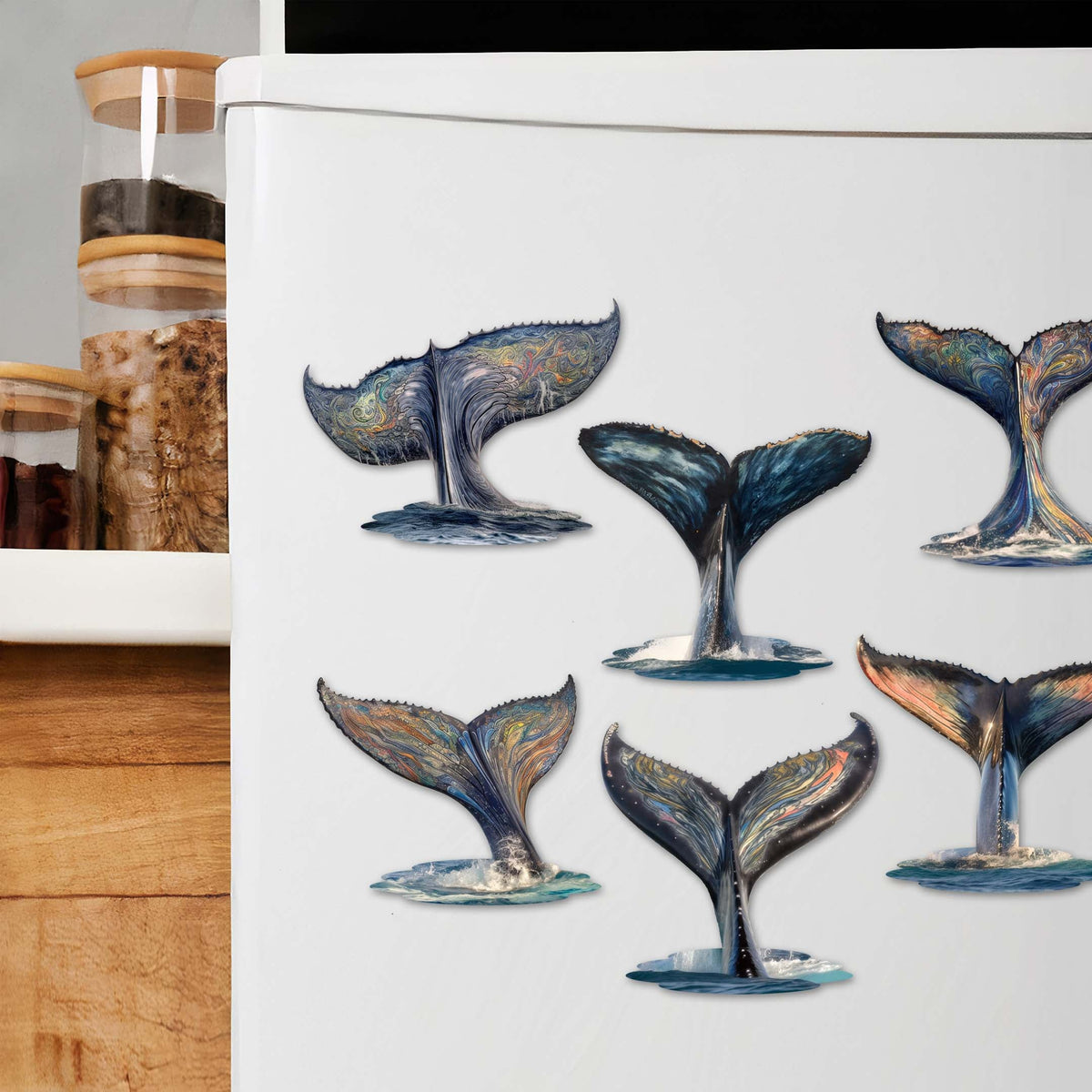 Vibrant Whale Stories Decorative Eco Wood Magnets Set of 6 by G. Debrekht - Wildlife Coastal Decor - 8090104G-S6