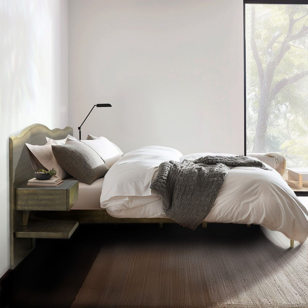 Queen Size Platform Bed Frame With Live Edge Headboard, Built In Nightstands - Dark Brown