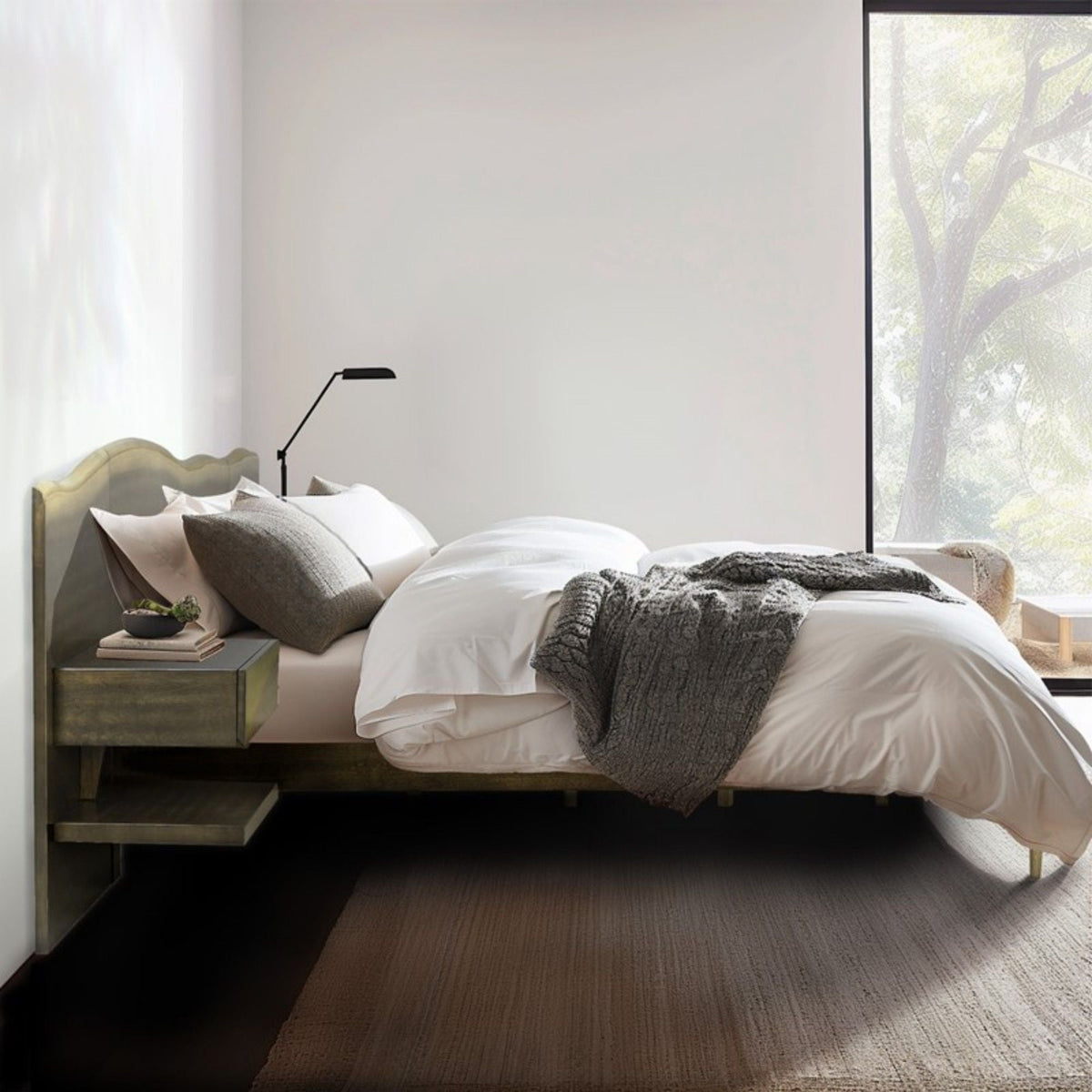 Queen Size Platform Bed Frame With Live Edge Headboard, Built In Nightstands - Dark Brown