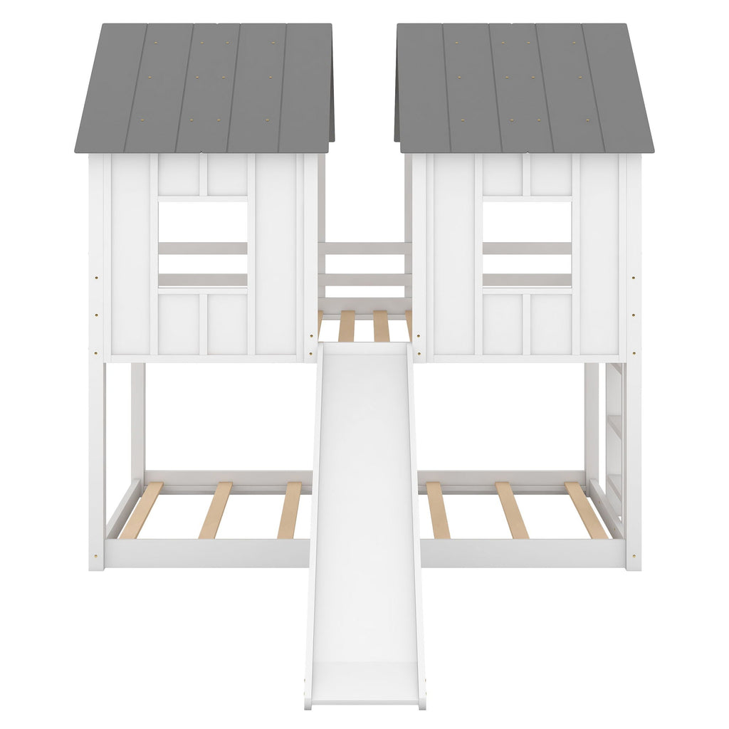 Twin Over Twin House Bunk Bed With Slide And Windows - White / Gray
