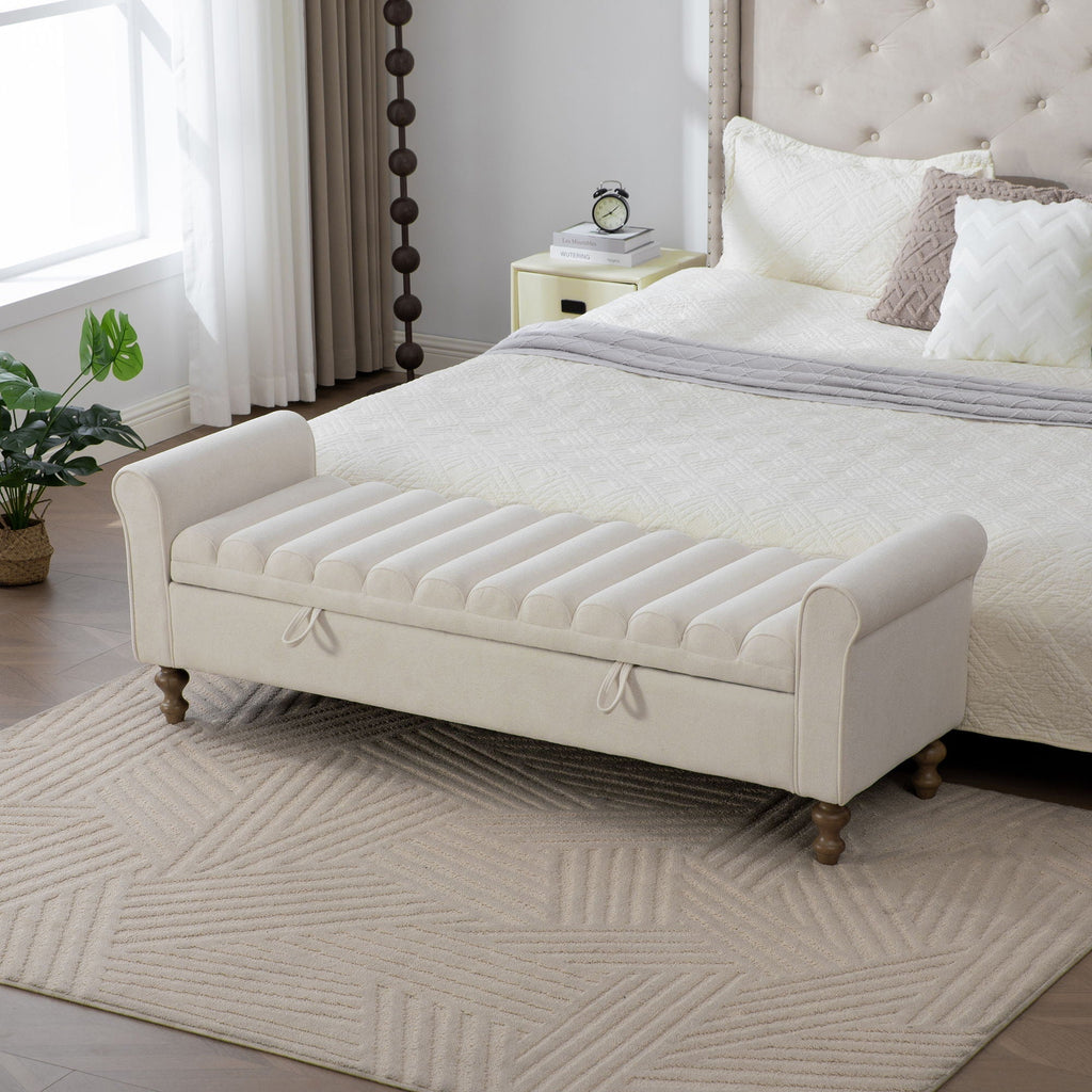 Wide Modern Upholstered Storage Bench With Rolled Armrest