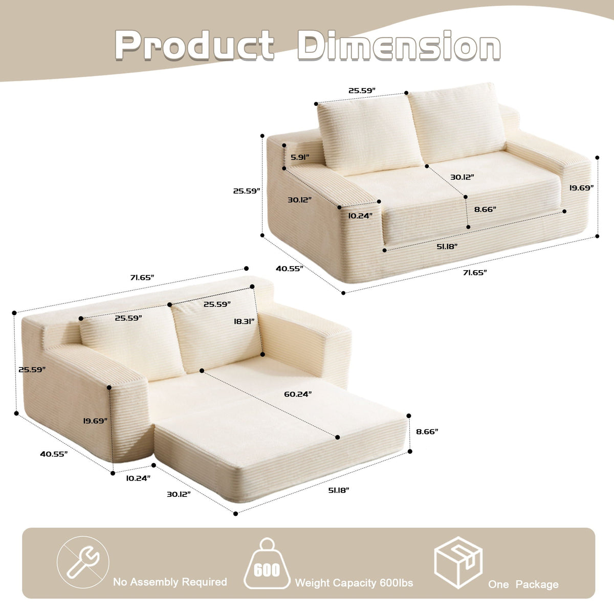 Comfortable Deep Seat Loveseat Sofa Bed, Reversible Cushion With Pillows